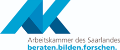 Arbeitskammer Logo, Buchstaben A und K in Blau mit dem Claim "Arbeitskammer des Saarlandes, beraten. bilden. forschen."